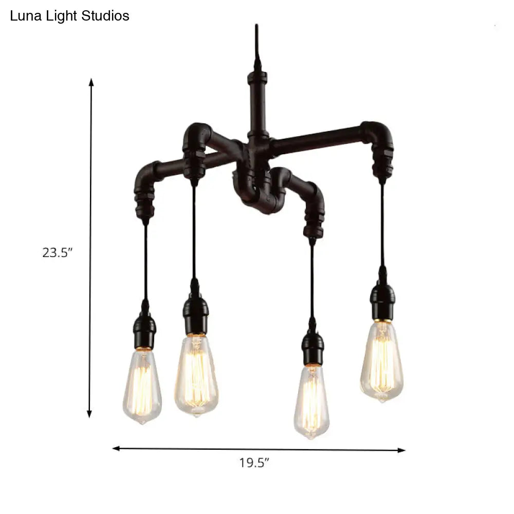Rustic Water Pipe Ceiling Light with 4 Bulbs - Antique Bronze/Black Wrought Iron Chandelier Lamp