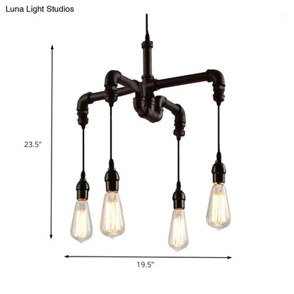 Rustic Water Pipe Ceiling Light with 4 Bulbs - Antique Bronze/Black Wrought Iron Chandelier Lamp