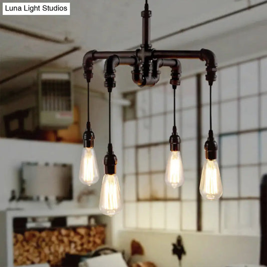 Rustic Water Pipe Ceiling Light with 4 Bulbs - Antique Bronze/Black Wrought Iron Chandelier Lamp
