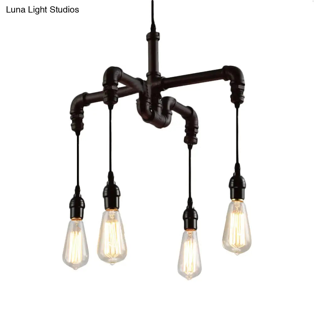 Rustic Water Pipe Ceiling Light with 4 Bulbs - Antique Bronze/Black Wrought Iron Chandelier Lamp