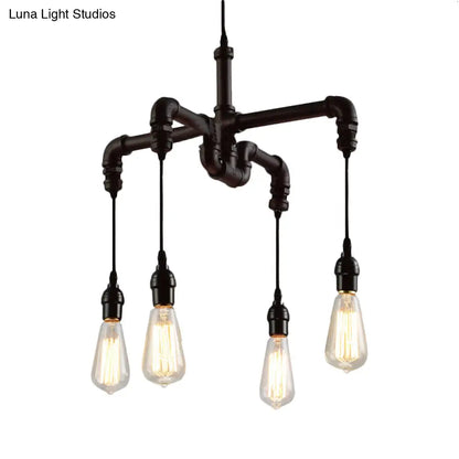Rustic Water Pipe Ceiling Light with 4 Bulbs - Antique Bronze/Black Wrought Iron Chandelier Lamp