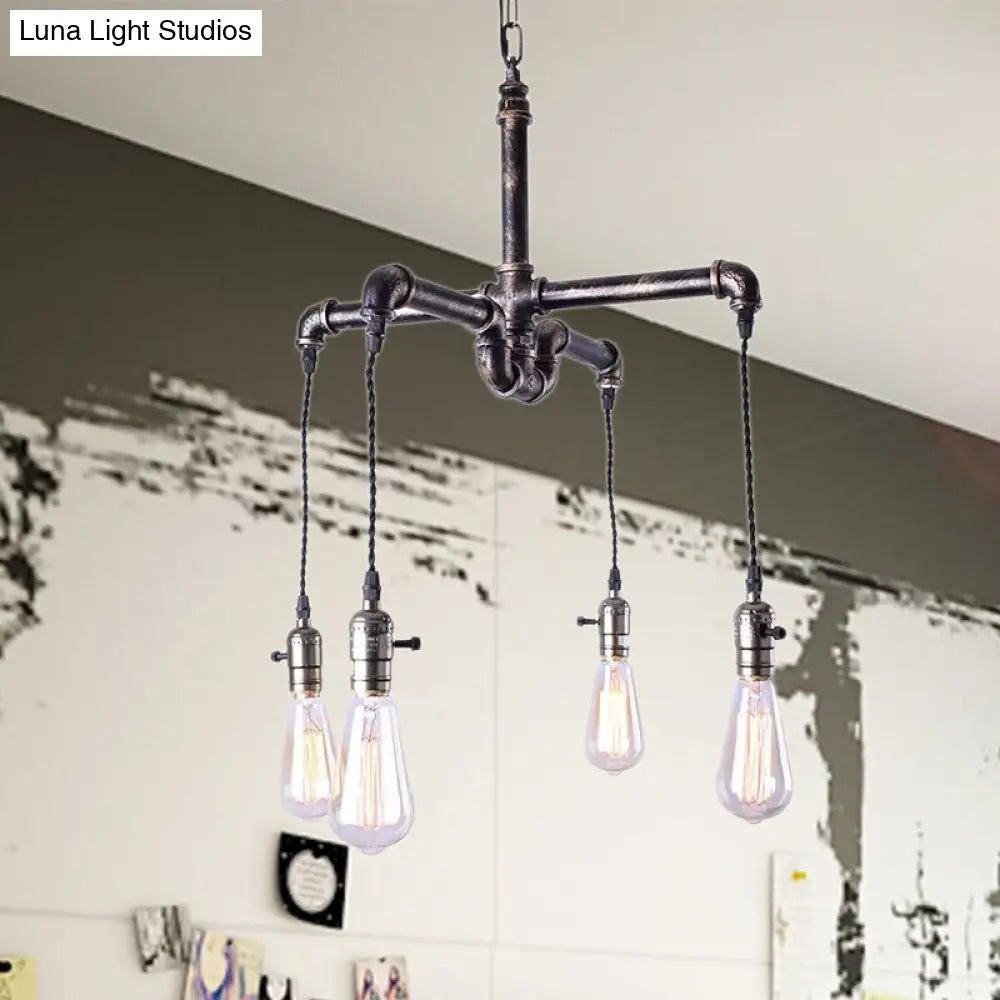 Rustic Water Pipe Ceiling Light with 4 Bulbs - Antique Bronze/Black Wrought Iron Chandelier Lamp