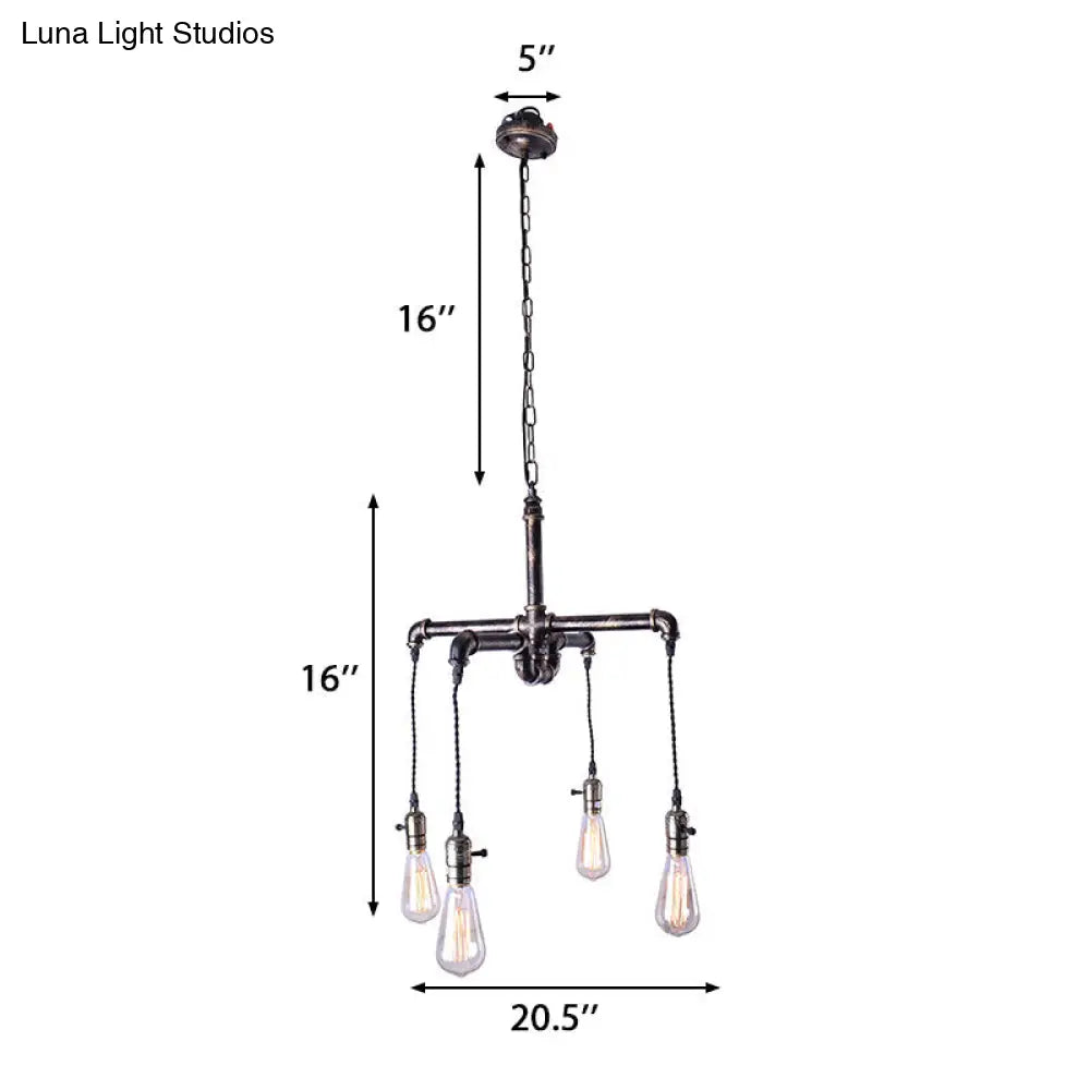 Rustic Water Pipe Ceiling Light with 4 Bulbs - Antique Bronze/Black Wrought Iron Chandelier Lamp