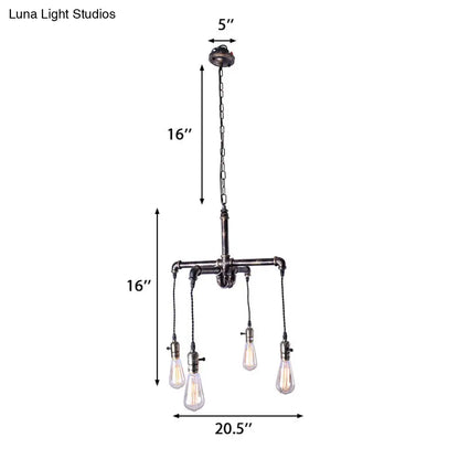 Rustic Water Pipe Ceiling Light with 4 Bulbs - Antique Bronze/Black Wrought Iron Chandelier Lamp