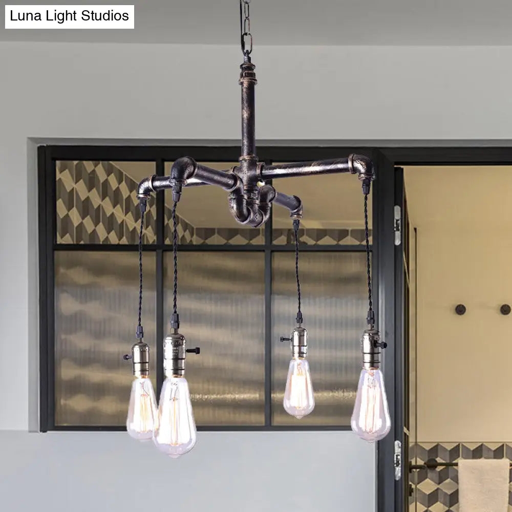 Rustic Water Pipe Ceiling Light with 4 Bulbs - Antique Bronze/Black Wrought Iron Chandelier Lamp