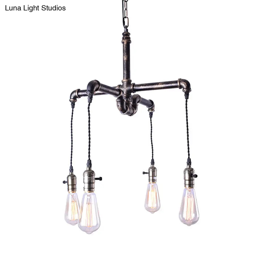 Rustic Water Pipe Ceiling Light with 4 Bulbs - Antique Bronze/Black Wrought Iron Chandelier Lamp