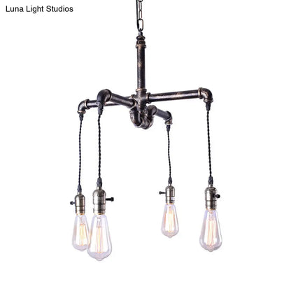 Rustic Water Pipe Ceiling Light with 4 Bulbs - Antique Bronze/Black Wrought Iron Chandelier Lamp