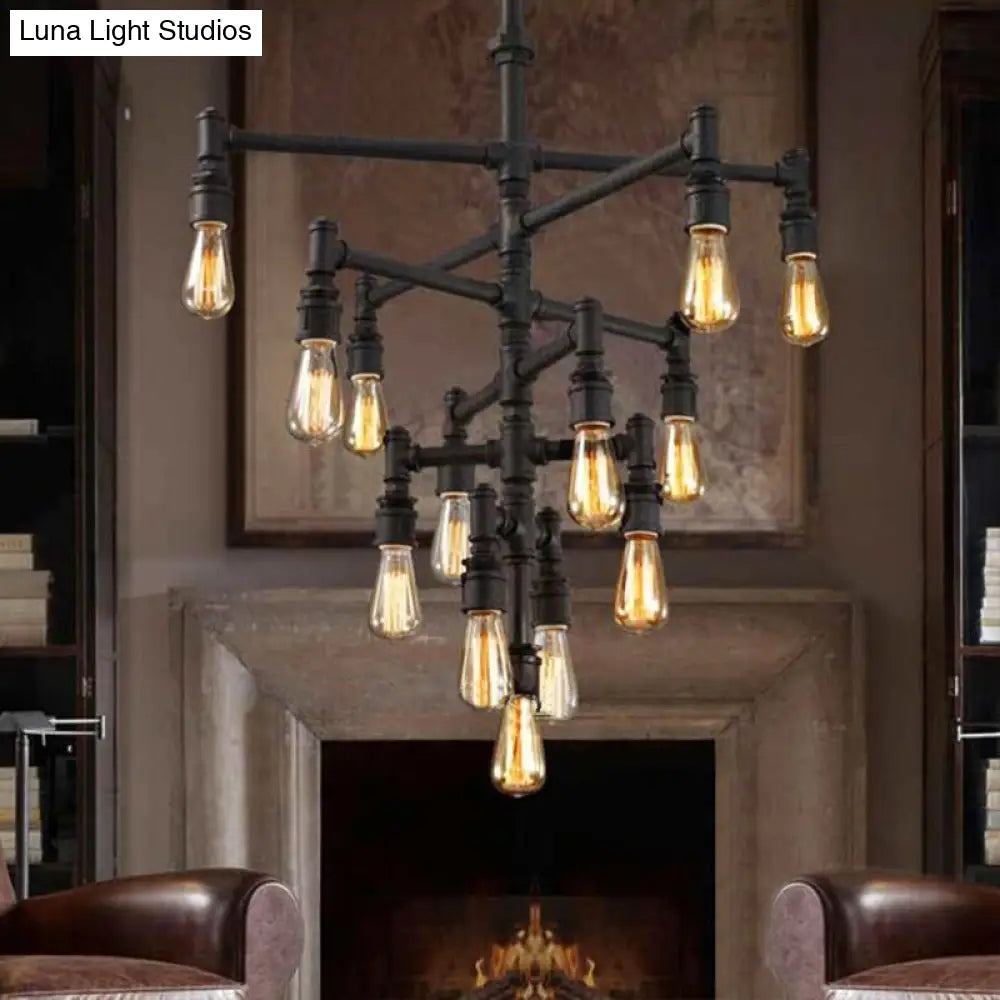 Rustic Water Pipe Farmhouse Pendant Light Fixture - Tiered Design, 9/13 Lights