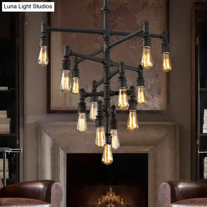 Rustic Water Pipe Farmhouse Pendant Light Fixture - Tiered Design, 9/13 Lights
