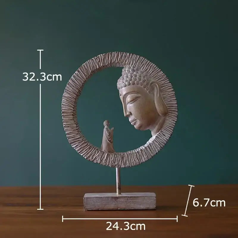 Rustic weathered bronze buddha head statue with matte finish and textured halo frame for living room decor