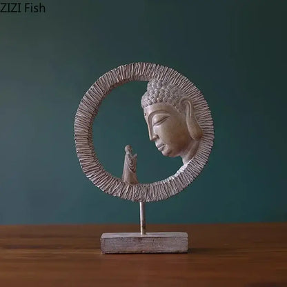 A serene light gray resin buddha head statue with textured halo frame and small figure for rustic living room decor