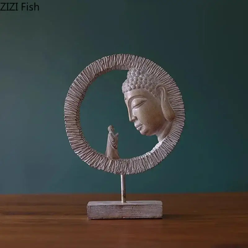 A serene light gray resin buddha head statue with textured halo frame and small figure for rustic living room decor
