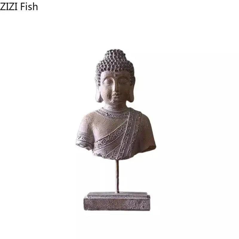 Rustic weathered bronze buddha head statue with intricate detailing and textured gray stone finish for living room decor