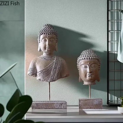 Rustic weathered bronze buddha head statue set with two buddha head busts on stands for living room decor