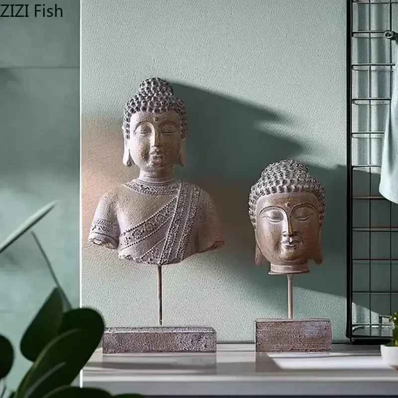 Rustic weathered bronze buddha head statue set with two buddha head busts on stands for living room decor