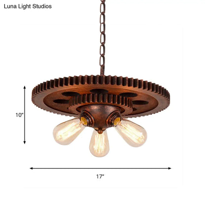 Rustic Weathered Copper Chandelier with Open Bulb and Gear Design – Perfect for Retro Restaurant Pendant Lighting – 3 Lights