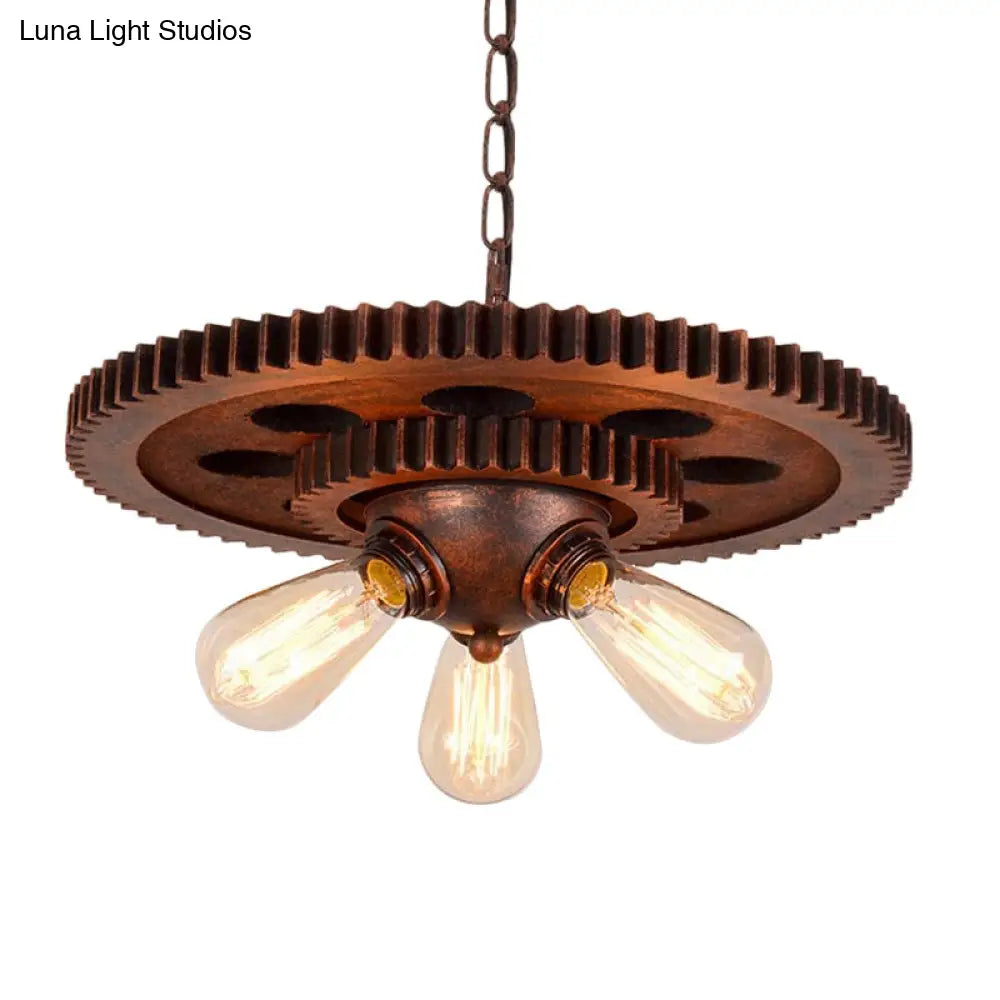 Rustic Weathered Copper Chandelier with Open Bulb and Gear Design – Perfect for Retro Restaurant Pendant Lighting – 3 Lights