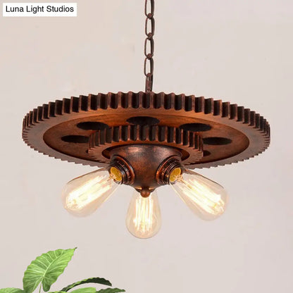 Rustic Weathered Copper Chandelier with Open Bulb and Gear Design – Perfect for Retro Restaurant Pendant Lighting – 3 Lights