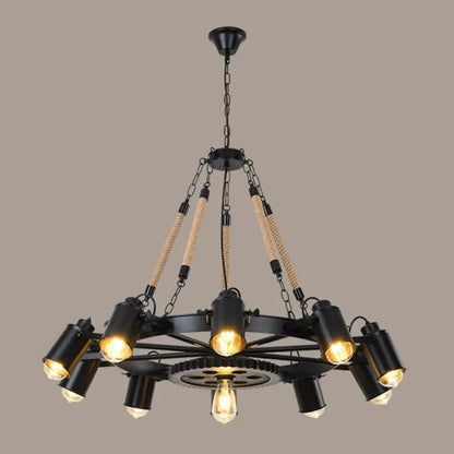 Rustic Wheel Suspension Iron Chandelier with Hemp Rope Decoration - Black