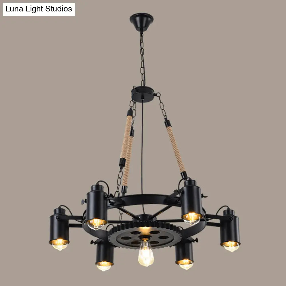 Rustic Wheel Suspension Iron Chandelier with Hemp Rope Decoration - Black