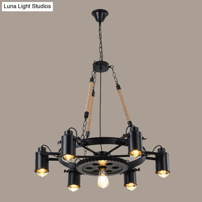 Rustic Wheel Suspension Iron Chandelier with Hemp Rope Decoration - Black