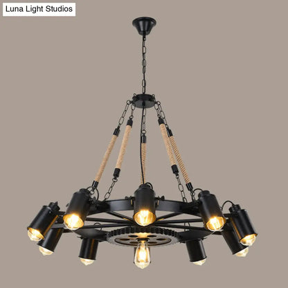 Rustic Wheel Suspension Iron Chandelier with Hemp Rope Decoration - Black