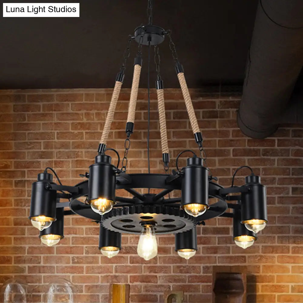 Rustic Wheel Suspension Iron Chandelier with Hemp Rope Decoration - Black