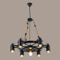 Rustic Wheel Suspension Iron Chandelier with Hemp Rope Decoration - Black