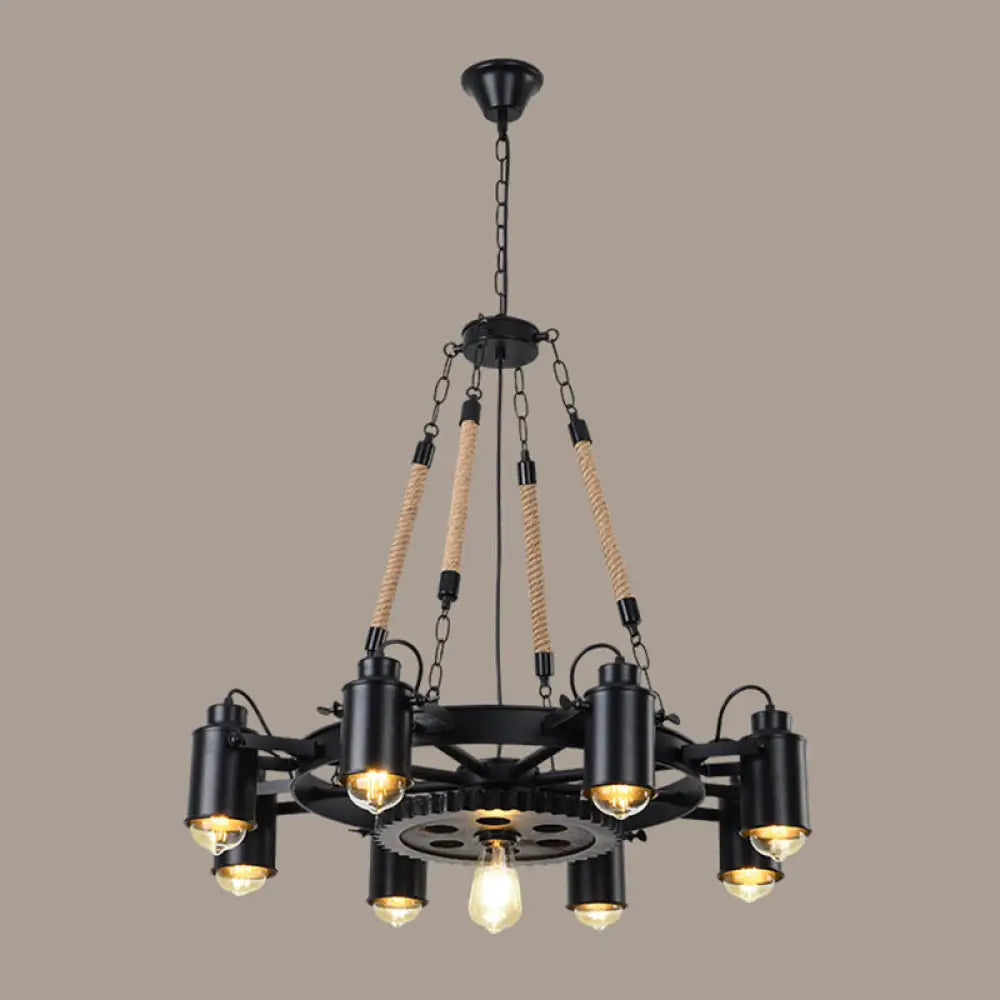 Rustic Wheel Suspension Iron Chandelier with Hemp Rope Decoration - Black