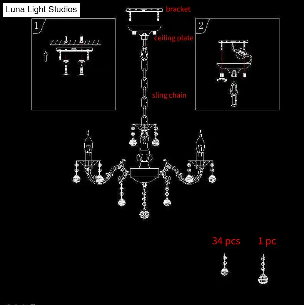 Antique brass DecorBites™ candle suspension lamp with crystal droplets and ornate arms for white corridor lighting