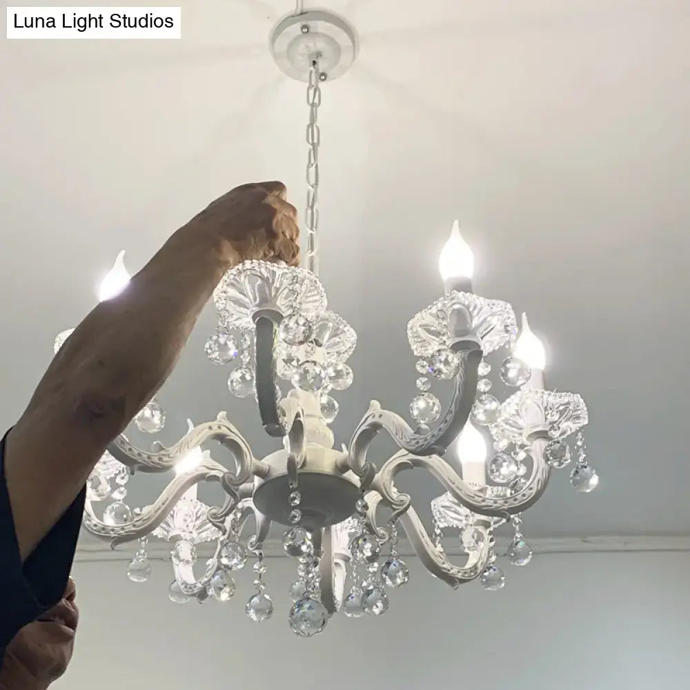 DecorBites™ white rustic metal candle suspension lamp with crystal draping and candle-style bulbs for corridors