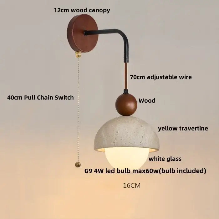 Rustic white concrete and wood wall light fixture with 12cm wood canopy and yellow travertine dome shade for bedroom use