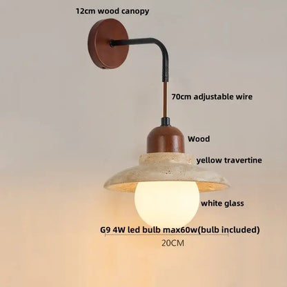 Rustic white concrete and wood wall light fixture with 12cm wood canopy, adjustable black wire, and yellow travertine shade