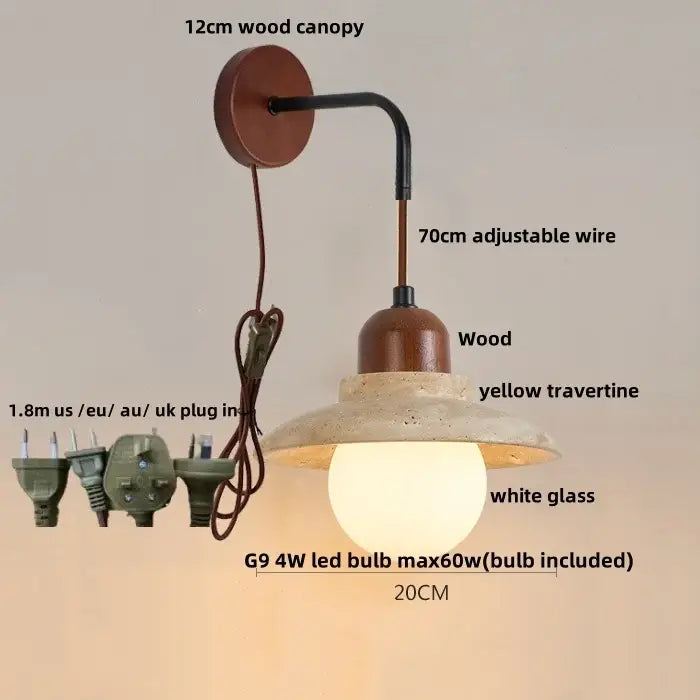 Rustic white concrete and wood wall light fixture with 12cm wood canopy, adjustable wire, and yellow travertine shade