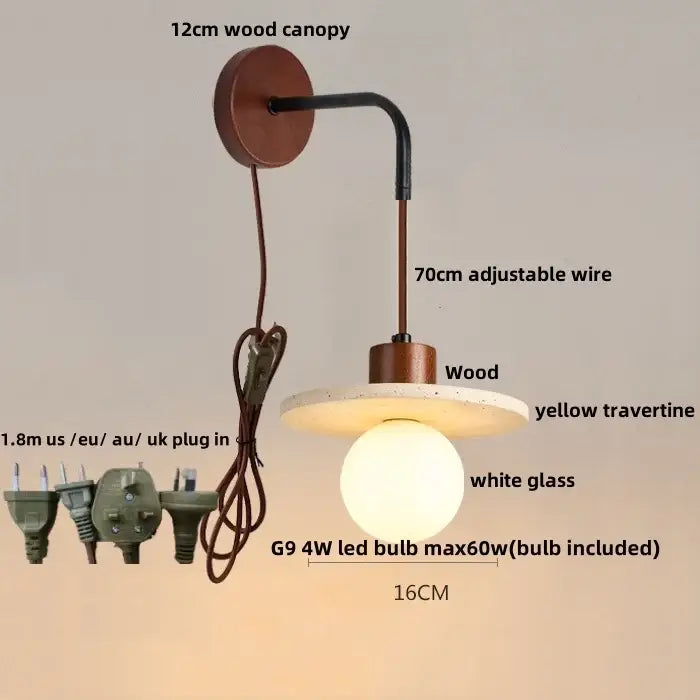 Rustic white concrete and wood wall light fixture with 12cm wood canopy and yellow travertine shade for bedroom sconce