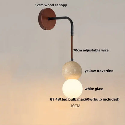 Rustic white concrete and wood wall light fixture with 12cm wooden canopy and dual spherical shades for bedroom use