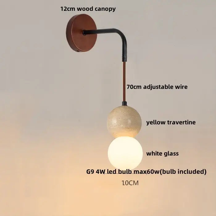 Rustic white concrete and wood wall light fixture with 12cm wooden canopy and dual spherical shades for bedroom use