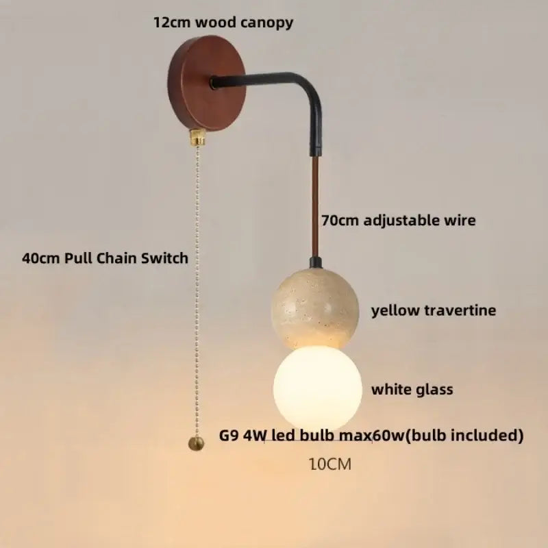 Rustic white concrete and wood wall light fixture with a 12cm wood canopy, black wire, yellow travertine and white glass spheres