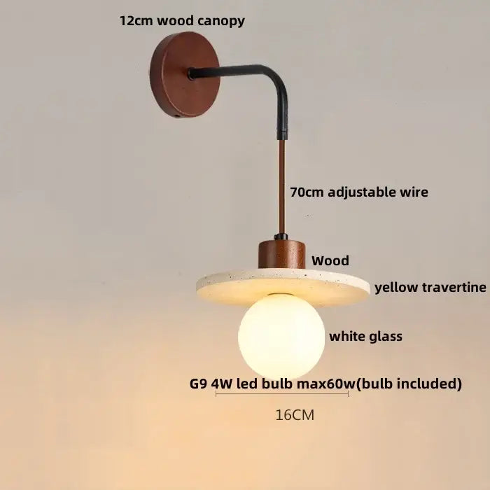 Rustic white concrete and wood wall light fixture with 12cm wooden canopy, black metal arm, and yellow travertine disc
