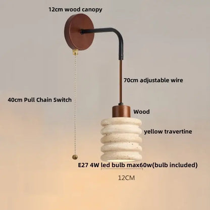 Rustic white concrete and wood wall light fixture with 12cm wood canopy and yellow travertine shade for bedroom use