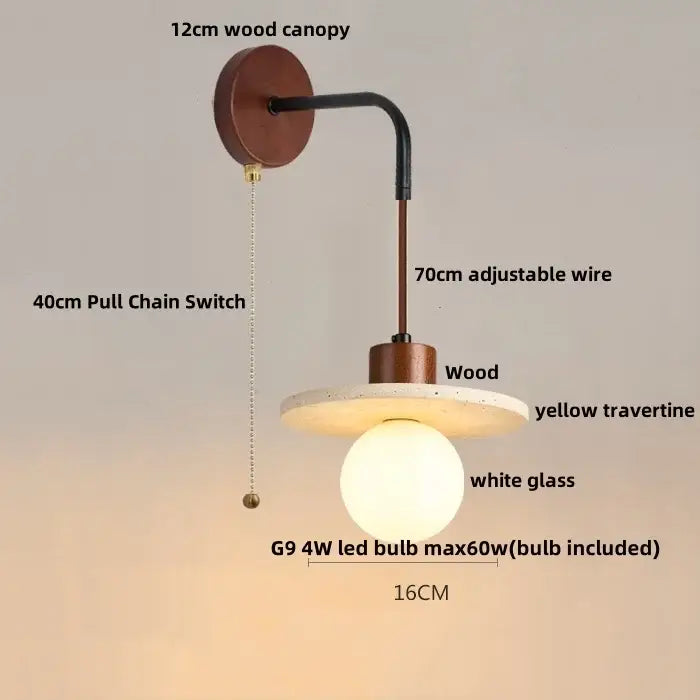Rustic white concrete and wood wall light fixture with a 12cm wood canopy and yellow travertine shade for bedroom use