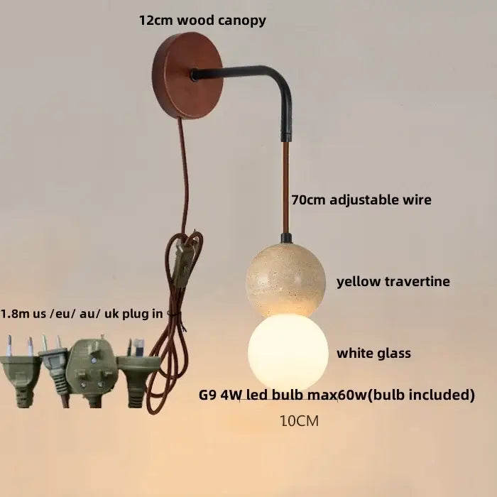 Rustic white concrete and wood wall light fixture with wooden canopy, adjustable black arm, and dual spherical shades