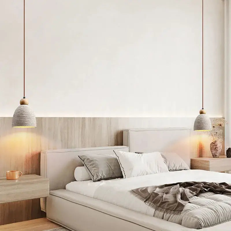 Rustic white concrete cement pendant lights with warm woven gray shades and wooden tops for dining room decorbites concrete cement