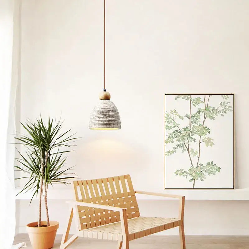 Rustic gray woven concrete cement pendant light with wooden top and brown cord for dining room decorbites concrete cement pendant