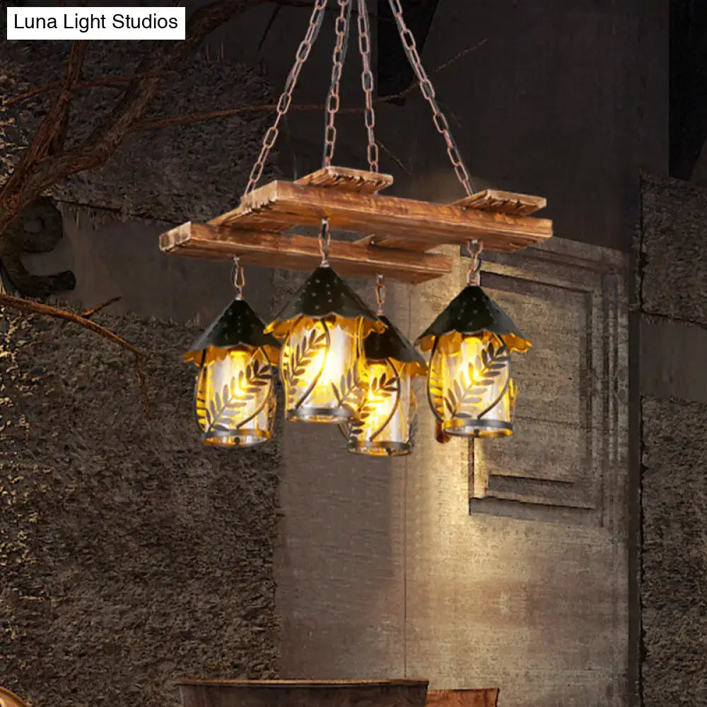 Rustic wooden beam chandelier with three hanging lanterns featuring metal arm, clear glass, and white fabric shades