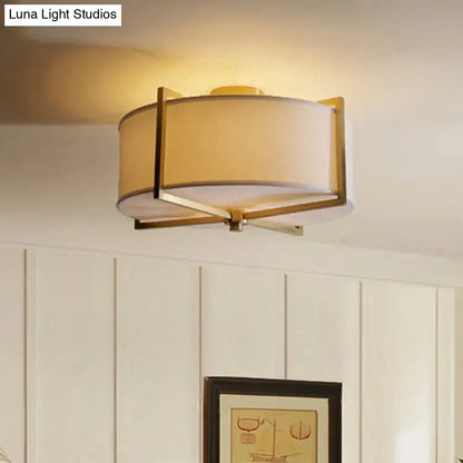 DecorBites™ DecorBites™ Rustic White Fabric Flush Mount Ceiling Light with X-Brace - 5-Lights, Round/Square Design, Brass Finish