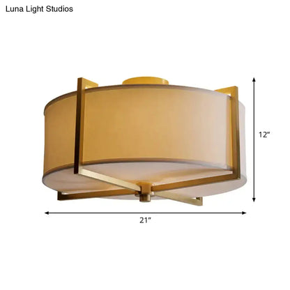 DecorBites™ DecorBites™ Rustic White Fabric Flush Mount Ceiling Light with X-Brace - 5-Lights, Round/Square Design, Brass Finish