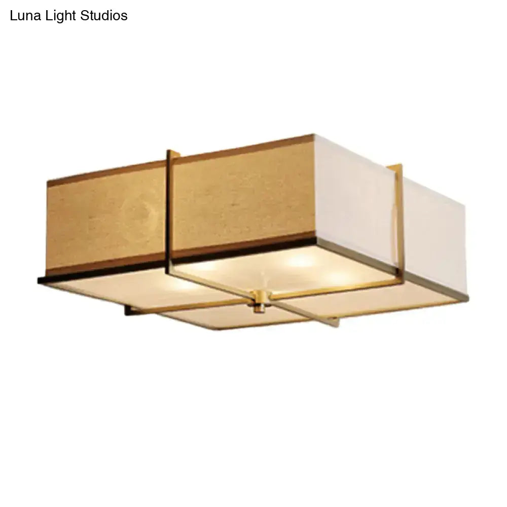 DecorBites™ DecorBites™ Rustic White Fabric Flush Mount Ceiling Light with X-Brace - 5-Lights, Round/Square Design, Brass Finish