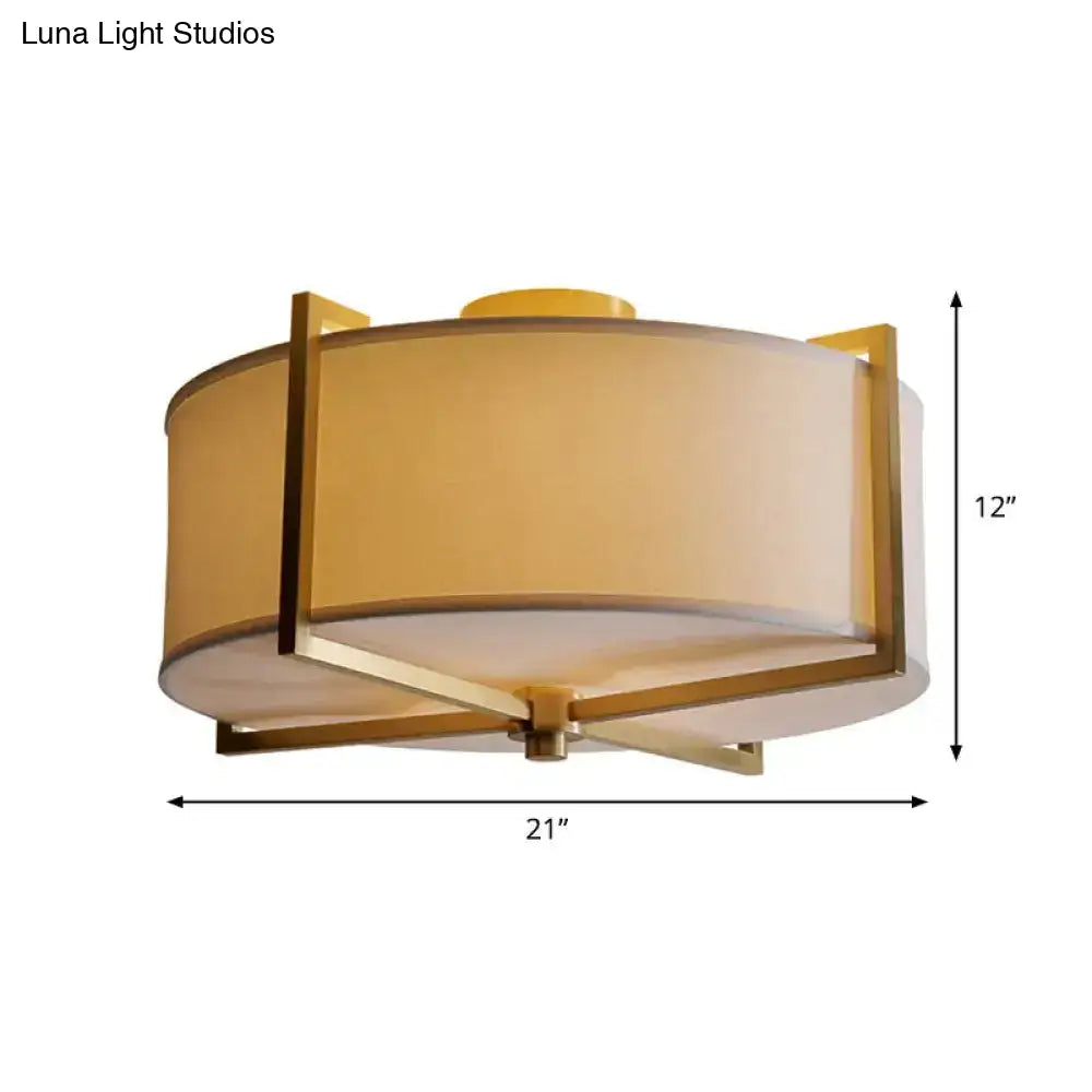 DecorBites™ DecorBites™ Rustic White Fabric Flush Mount Ceiling Light with X-Brace - 5-Lights, Round/Square Design, Brass Finish