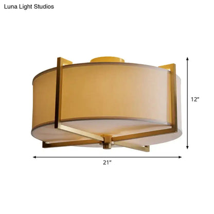 DecorBites™ DecorBites™ Rustic White Fabric Flush Mount Ceiling Light with X-Brace - 5-Lights, Round/Square Design, Brass Finish